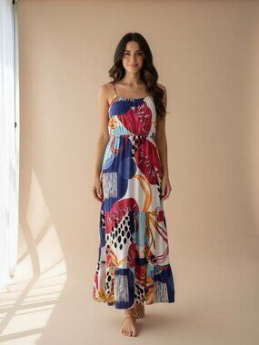 Zinzane Tropical Maxi Dress Medium Tiered Colorful Strappy Boho
